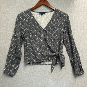 United By Blue Tencel Tie Woven Top Wrap Blue Bird Floral Long Sleeve Women XS